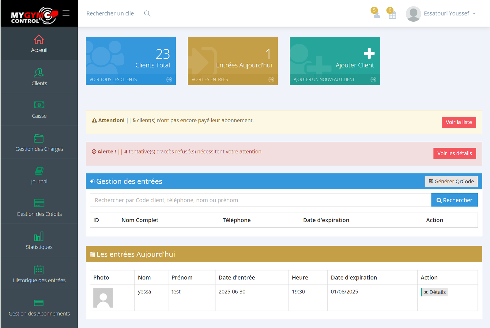Interface du tableau de bord MY GYM CONTROL pour la gestion de salle de sport