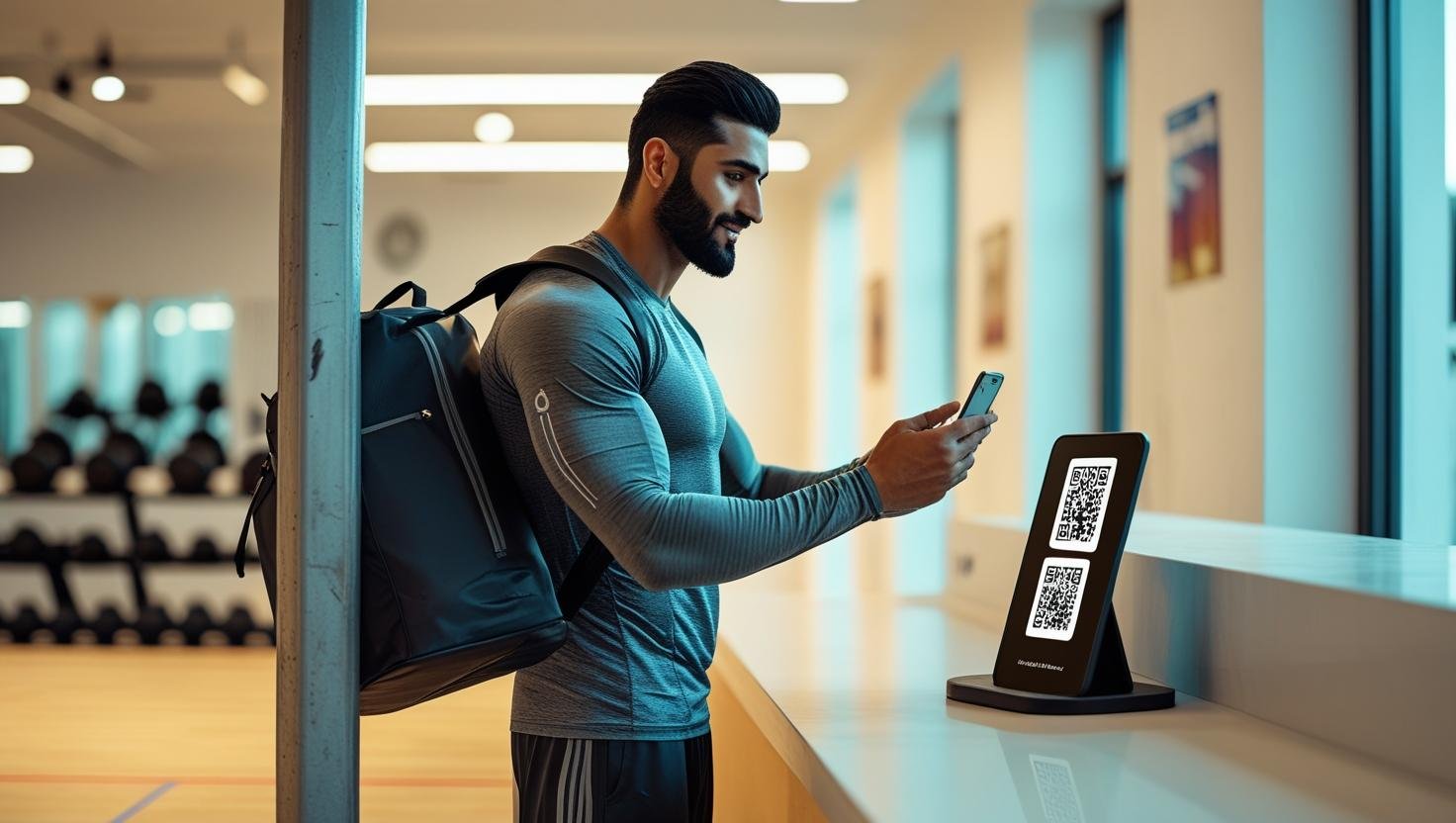 Gérant de salle de sport scannant un QR code pour l'accès client